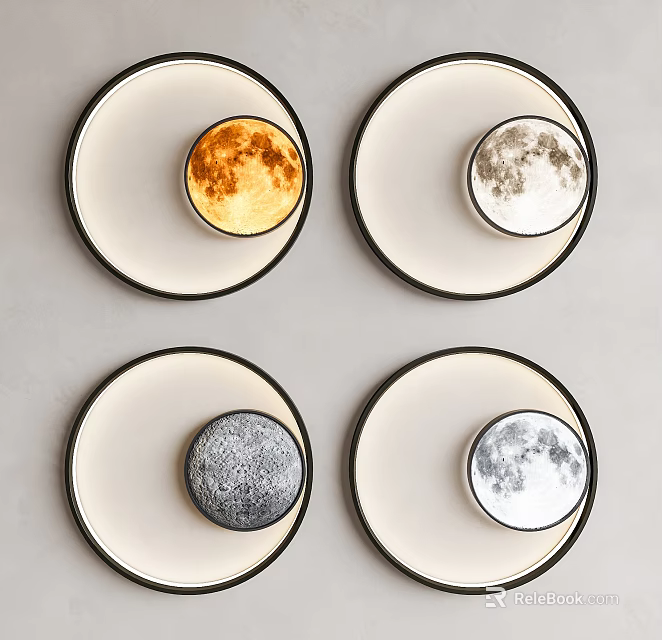 Moon Shaped Wall Lamps With Various Phases Round Design Black Frames On Gray Wall 3d model