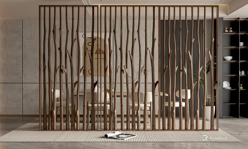 Natural Wooden Branch Like Partition Design For Modern Interior Dining Area 3d model 