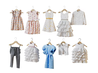 Cute Children's Clothing Collection With Floral Dresses Ruffled Skirts Long Sleeve Tops And Pants 3d model