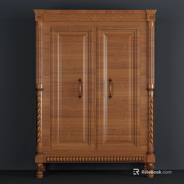 Traditional Solid Wood Double Door Wardrobe With Carved Columns And Decorative Base 3d model 