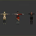 Three 3D Female Characters In Standing Pose With Outstretched Arms And Different Costumes