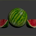 Fresh Whole Watermelon With Red Flesh And Green Striped Slices On Gray Background