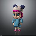 Cute Child Cartoon Character In Pink Hat With Blue Ears Blue Dress And Pink Shoes