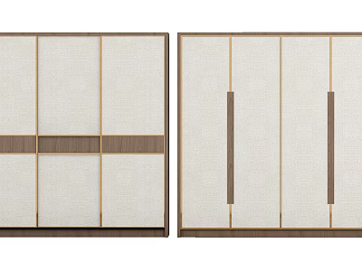 Modern Wardrobe Design With Sliding Linen Panels Wooden Sections And Golden Metal Accents 3d model