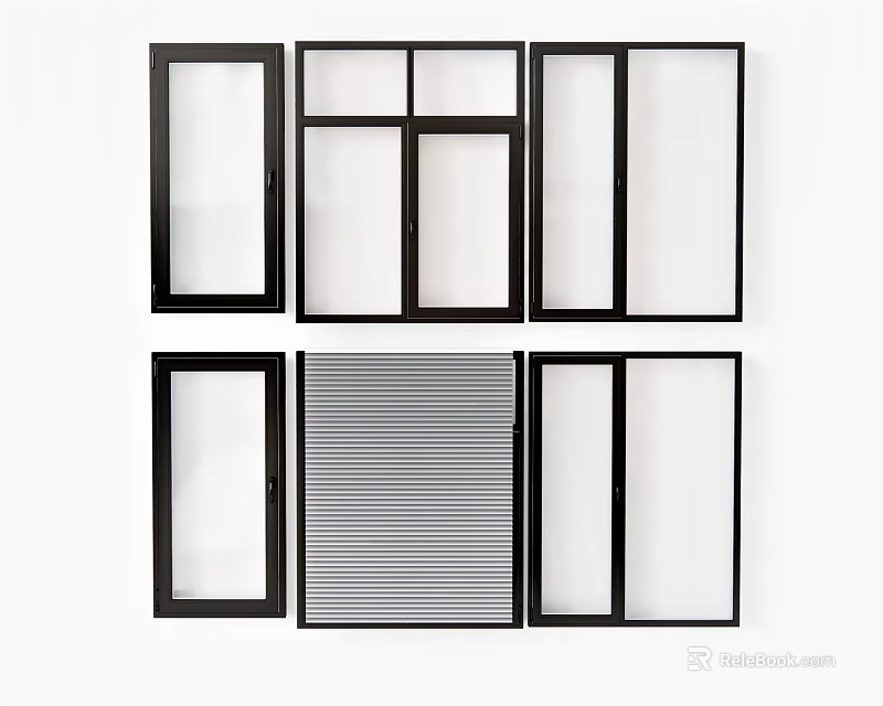 Various Modern Window Frame Styles With Glass Panels And Roller Blinds 3d model