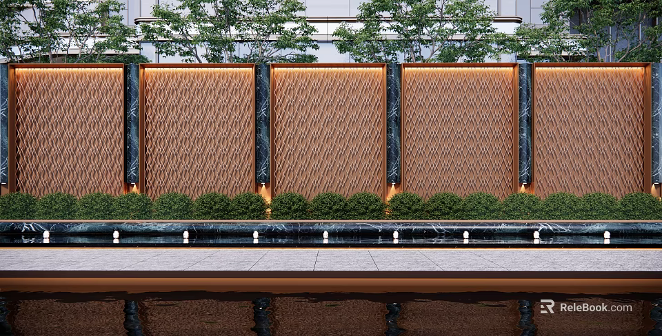 Textured Feature Wall With Green Plants Water Reflection And Illuminated Accents 3d model 
