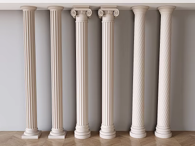 White Decorative Columns In Various Styles Against Light Wall And Wooden Floor 3d model