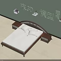 Double Bed 3D Model With Arched Headboard Bedside Tables Light Green Wall And Shelves