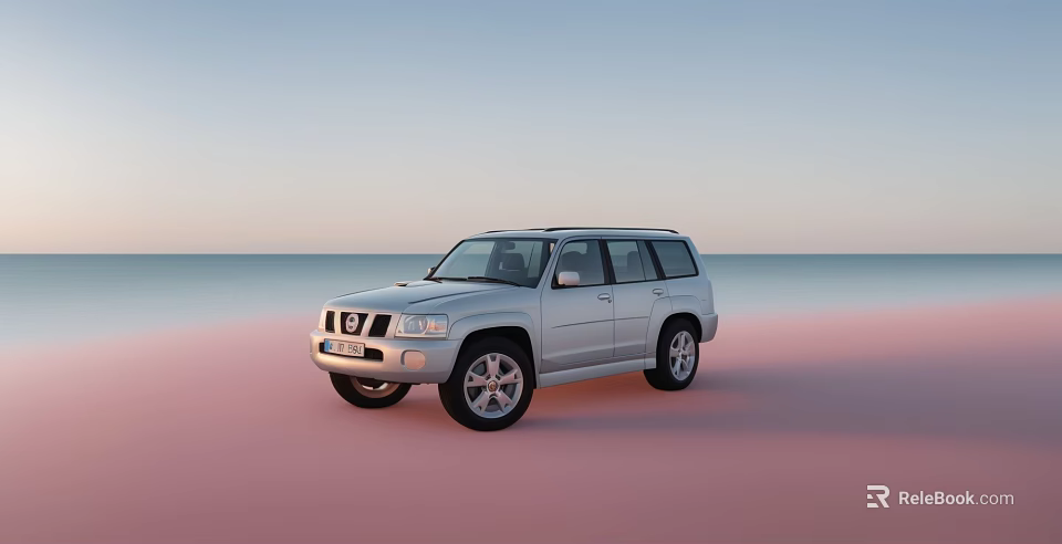 Silver SUV Parked on Pink Ground With Ocean View and Sunset Sky 3d model 