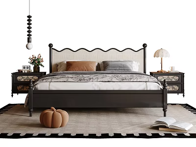 Elegant Retro Wooden Double Bed With Wavy Upholstered Headboard And Coordinating Bedside Tables For Bedroom Decor 3d model