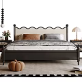 Elegant Retro Wooden Double Bed With Wavy Upholstered Headboard And Coordinating Bedside Tables For Bedroom Decor