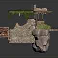Ancient Stone Structure With Wooden Platform Steps Green Vines And Wheel Components