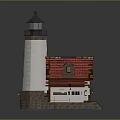 Traditional Lighthouse And Cottage Building With Red Roof Blue Top Yellow Light And Windows