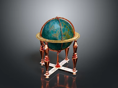 Decorative Globe With Blue Green Sphere And Gold Red Ornate Stand Legs 3d model