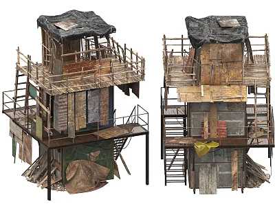 Makeshift Multi Storey Residential Building With Wooden Scaffolding Staircases And Damaged Roof 3d model
