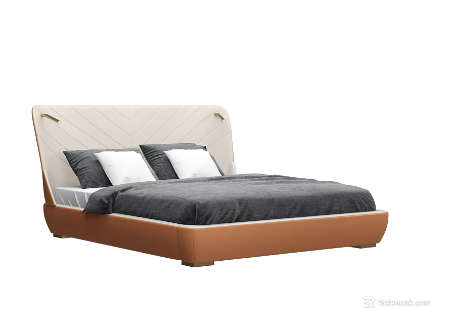 Stylish Double Bed With White Quilted Headboard Brown Frame And Dark Gray Mattress 3d model 