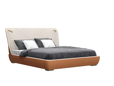 Stylish Double Bed With White Quilted Headboard Brown Frame And Dark Gray Mattress 3d model