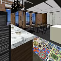 Industrial Style Restaurant Interior With Brick Walls Colorful Tiled Floor Wooden Bar And Hanging Lights