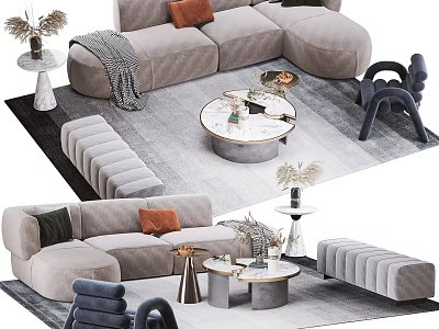 Elegant Modern Sofa Coffee Table Set with Round Marble Top Accent Chair Throw Pillows Rug 3d model