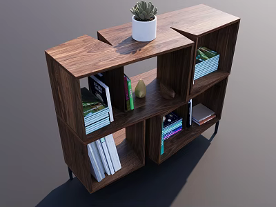 Wooden Bookcase With Multiple Shelves Holding Books And Decorative Potted Plant 3d model