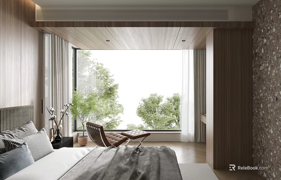 Modern Bedroom Interior With Wooden Walls Armchair Large Window And Trees View 3d model 