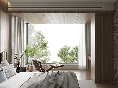 Modern Bedroom Interior With Wooden Walls Armchair Large Window And Trees View 3d model
