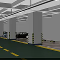 Indoor Parking Lot With Green Floor Yellow Lines Black Car White Pillars And Ceiling Lights