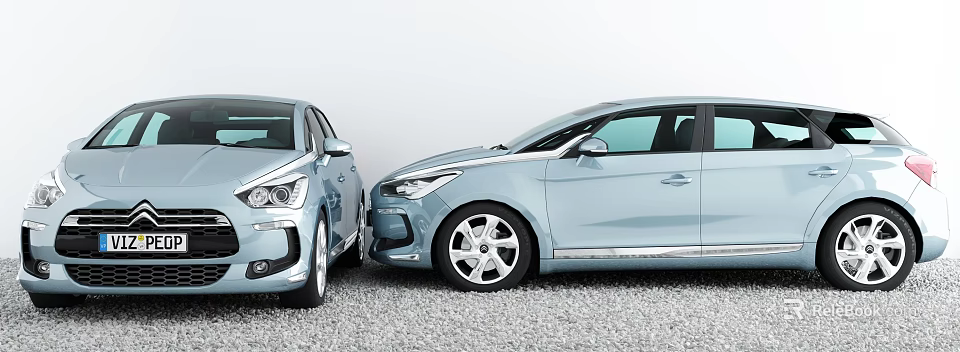 Two Light Blue Cars Parked with Front Ends Facing on Gravel Surface 3d model