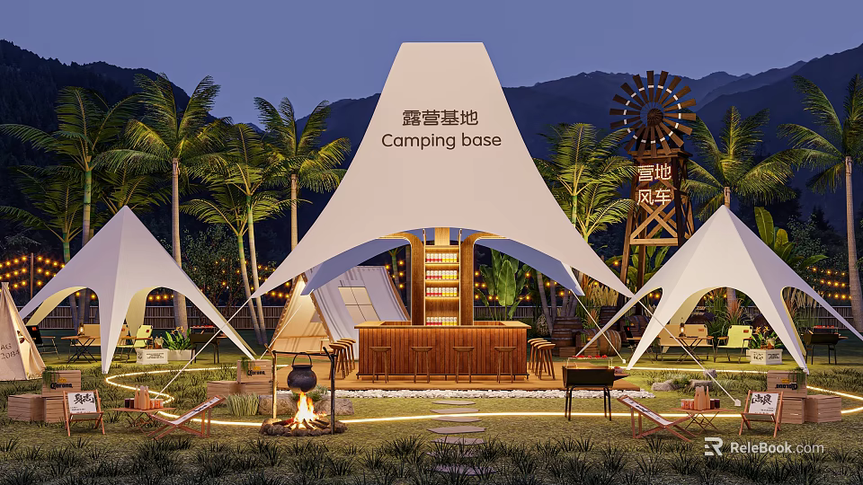 Scenic Camping Base With White Tents Windmill Bonfire Palm Trees And Mountain Backdrop 3d model 