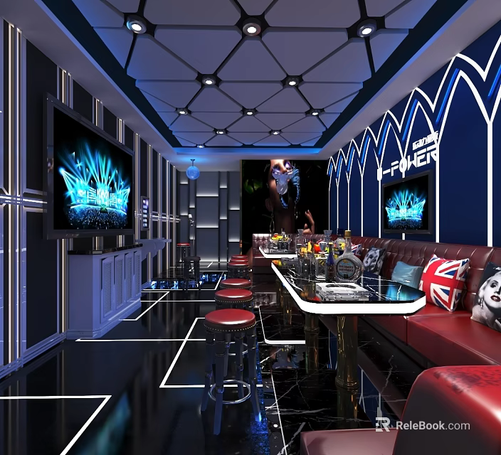 KTV Interior Design With Red Sofas Bar Counter TV Screens And Lighting 3d model 