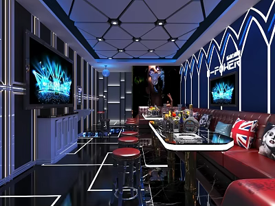 KTV Interior Design With Red Sofas Bar Counter TV Screens And Lighting 3d model
