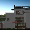 Traditional Chinese Detached Villa With Tile Roof Wooden Lattice Balcony And Lake View