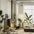 Modern Living Room Interior Design With Fireplace Sofa Green Plants Large Window And Rug