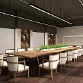 Modern Conference Room Interior With Long Wooden Table White Chairs Green Plants And Large Screen