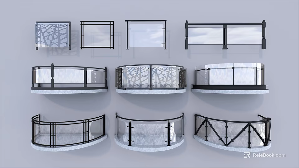 Modern Railing Design Collection Featuring Glass Panels And Metal Frames 3d model