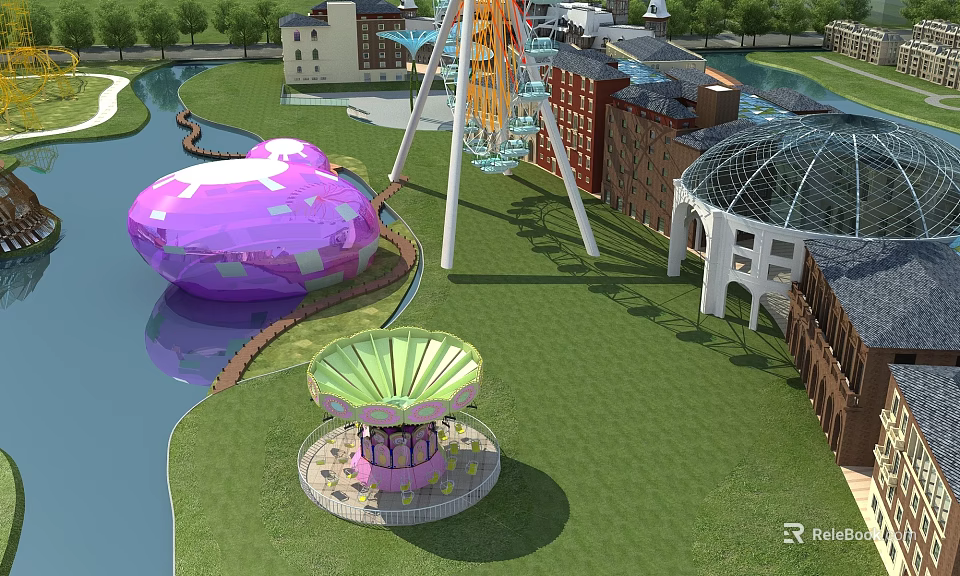 Colorful Amusement Park Featuring Ferris Wheel Heart Shaped Ride Fan Shaped Deck River and Grassland 3d model 