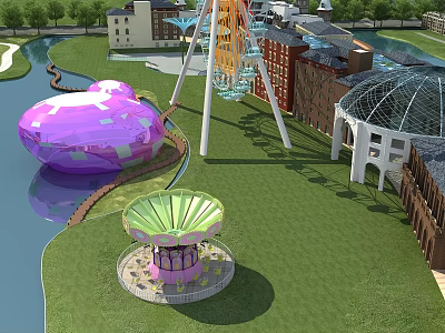 Colorful Amusement Park Featuring Ferris Wheel Heart Shaped Ride Fan Shaped Deck River and Grassland 3d model