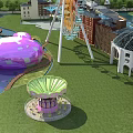 Colorful Amusement Park Featuring Ferris Wheel Heart Shaped Ride Fan Shaped Deck River and Grassland