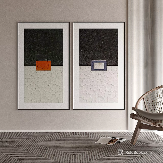 Two Abstract Paintings With Black White Backgrounds On Neutral Wall Near Wicker Chair 3d model