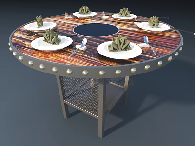 Round Dining Table Set With White Plates Green Napkins Metal Rivet Edges And Metal Legs 3d model