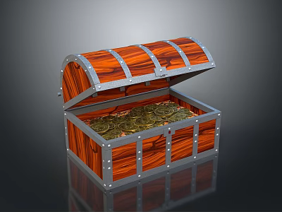 Open Wooden Treasure Chest With Metal Straps Rivets And Gold Coins 3d model
