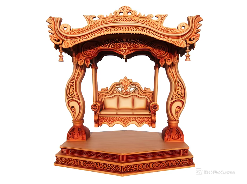 Elegant Intricate Wooden Carved Shrine With Decorative Sofa And Ornate Base 3d model 