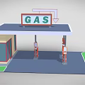 Cartoon Style Gas Station Scene With Roof GAS Sign Fuel Pumps And Green Trees