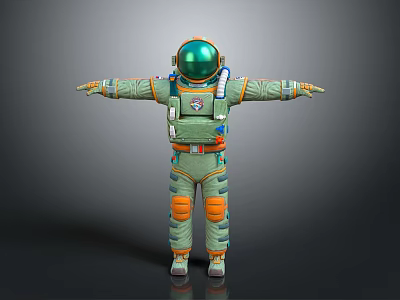 Man in Green Astronaut Suit With Orange Accents Stands Arms Outstretched Against Gray Background 3d model