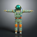 Man in Green Astronaut Suit With Orange Accents Stands Arms Outstretched Against Gray Background