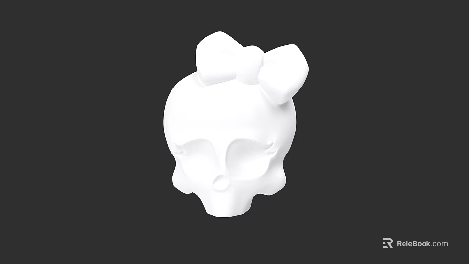 White Skull Sculpture With Decorative Bow On Black Background 3d model 