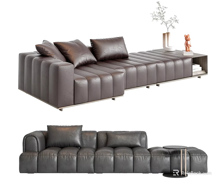 Modern Black Leather Sectional Sofa With Plush Cushions Side Table And Decor Items 3d model