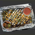Grilled Meat In Foil Container With Cheese Vegetables And Small Plastic Sauce Cups