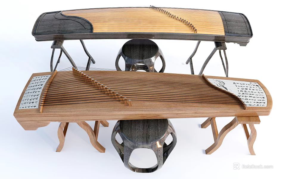 Traditional Musical Instruments and Art Supplies Collection with Guzheng Easel and Paintbrushes 3d model 