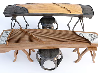 Traditional Musical Instruments and Art Supplies Collection with Guzheng Easel and Paintbrushes 3d model